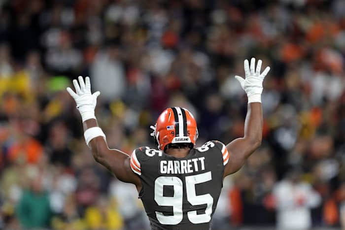 Browns defensive end Myles Garrett gets the crowd pumped up on third down during the second half against the Steelers, Thursday, Sept. 22, 2022, in Cleveland Browns
